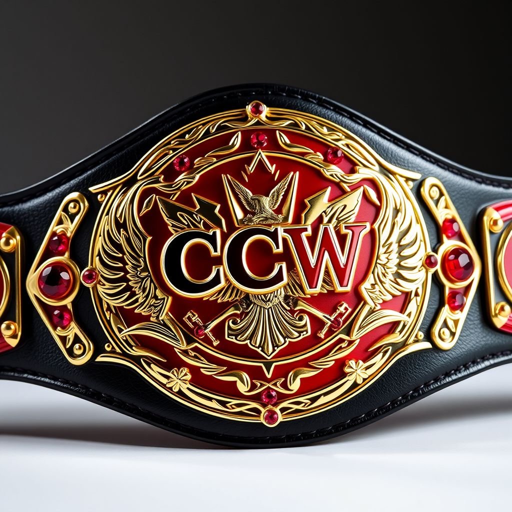 A luxurious wrestling belt adorned with the CCW logo, vibrant red and white colors representing Canada. A supple black leather strap supports an intricately designed gold plate, its medium size gleaming under light. Ruby gemstones embedded within eagle crests and symbolic engravings enhance the regal appearance, embodying a true champion's essence.