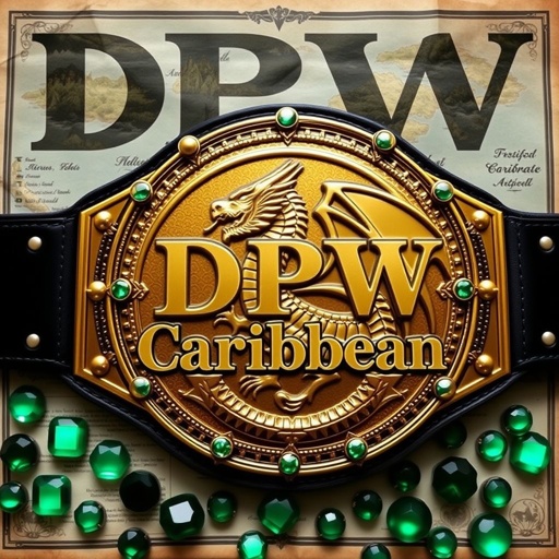 A luxurious wrestling belt features a striking circular gold plate adorned with an intricate gothic design of a fierce dragon, its scales shimmering. A vintage Caribbean map background showcases lush islands. Bold "DPW Caribbean" text overlays the scene, while emerald gemstones glisten amid the black strap, enhancing the edgy aesthetic. 