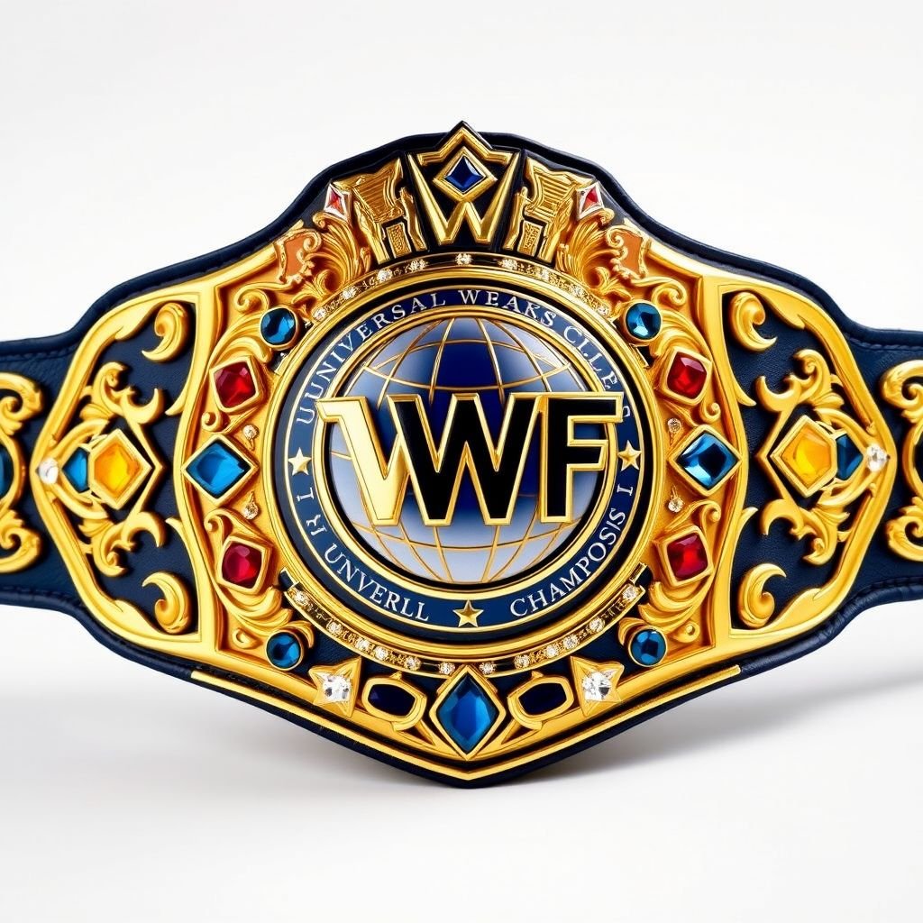 A magnificent wrestling belt, VWF Universal World Championship, opulent gold glimmering, fusion of legendary designs. Stately multicolored gems—blue, red, white, yellow—sparkling. Classic elegance with intricate plate shapes, navy blue side plates framing a leather strap, adorned with star crests, diamond gemstones, a grand globe champion emblem, radiating prestige, power, excellence.