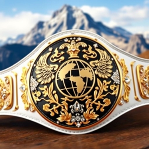 A majestic wrestling belt featuring a striking black metal center plate adorned with intricate golden and white engravings. Modern oval design highlights a globe champion emblem, surrounded by diamond gemstones. A luxurious white leather strap complements the design, with prominent phoenix crests and symbols celebrating victory, triumph, and strength, against a mountainous backdrop.