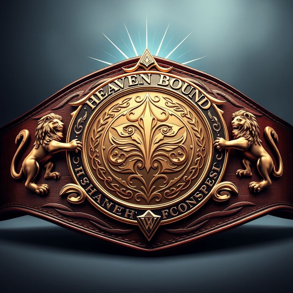 A majestic wrestling belt, labeled "Heaven Bound Championship," adorned with a radiant halo. Leather belt material, rich and textured, supports an intricately engraved rose gold circular plate. Elegant lion crests flank the design, symbolizing strength and valor. The realistic art style captures every detail, showcasing the belt's large, impressive size.