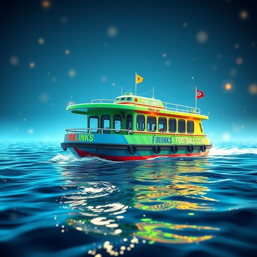Artificial Intelligence, a vibrant soccer barge adorned with the words "Firelinks Football Club," floats serenely on a digital sea. Realistic textures blend with a colorful color palette, depicting energetic hues of blue, green, and yellow. Surrounding the barge, a virtual reality environment pulses with life, creating an engaging, immersive atmosphere.