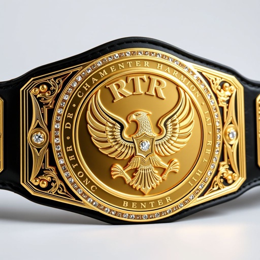 A wrestling belt gleaming in intricate detail, the RTR Champion insignia prominently displayed on an engraved gold plate. A sleek black leather strap complements its elegant simplicity. The circular plate, adorned with a magnificent eagle champion design, sparkles with diamond gemstones, showcasing an extra-large size that commands attention and respect.