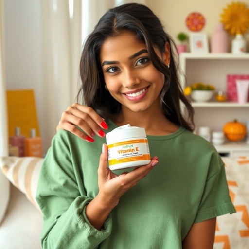 A young Indian woman, confident and radiant, showcases vitamin E cream. Casual attire, vibrant colors accentuating her beauty. Cozy home setting, soft light filtering through curtains. Shelves adorned with beauty products, cheerful decorations. Playful humor in her expression, a quirky caption nearby, engaging audience with relatable, personal stories about skincare journeys.