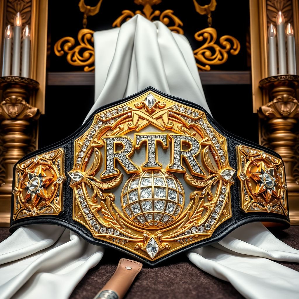 An ornate wrestling belt draped across a luxurious display. RTR insignia gleaming at center, outercontinental champion emblem. Sleek, white leather strap contrasting with a bold, golden rectangular plate. Intricate globe and champion design featuring sparkling crystal gemstones. Bold star crests and symbols embellishing this extra-large masterpiece, radiating power and prestige.