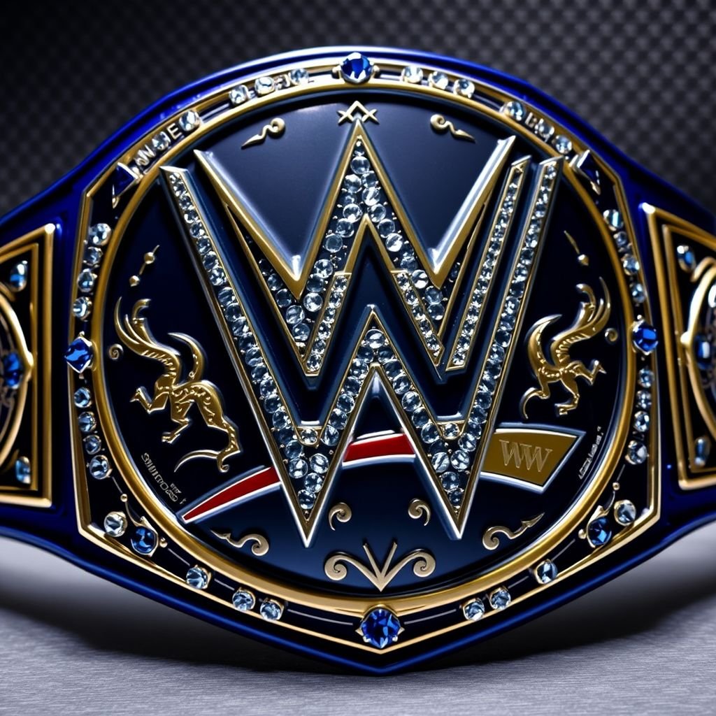 WWE Championship, bold "W" centerpiece, J Uso's proud grip. Crystals reflecting light, traditional engraving intricately detailing championship history. Deep blue color theme, classic middleweight dimensions. Textured edges, smooth yet rugged. Animal representation, fierce and dynamic, celebrates strength. Attitude Era influence visible, carbon fiber background merging modernity with nostalgia, vibrant energy radiating.