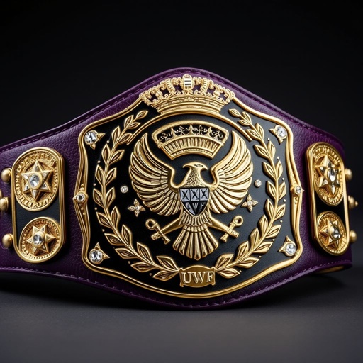 A UWF World Heavyweight Championship wrestling belt, dark purple leather strap, luxurious texture, adorned with four smaller side plates, intricate designs, large main plate, shimmering darker gold, eagle and laurel motifs engraved, gleaming diamond gemstones embedded, ornate crown crests, symbolic grandeur, vintage aesthetic, commanding presence, an emblem of supreme victory.