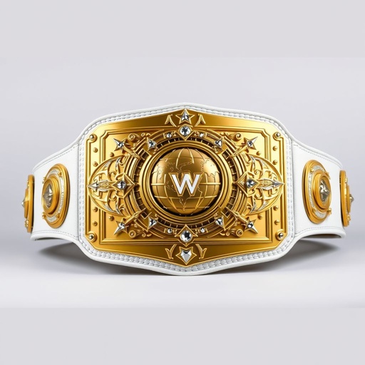 A majestic wrestling belt, symbol of the Outercontinental Champion, crafted from luxurious leather. A pristine white strap complements the striking rectangular gold plate, adorned with intricate Gothic artwork. A globe champion design centers the plate, surrounded by dazzling crystal gemstones. Star crests and mystical symbols enhance the belt’s grandeur, exuding power.