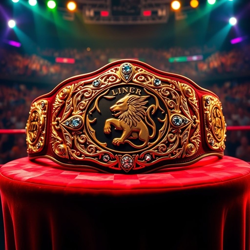 A golden wrestling belt, intricately designed with ornate patterns and shimmering gemstones, rests on a plush crimson velvet pedestal. The central emblem showcases a fierce lion, symbolizing strength and determination. Surrounding the belt, glimmering lights cast colorful reflections, illuminating the championship prestige, while a lavish backdrop of cheering fans enhances the atmosphere.