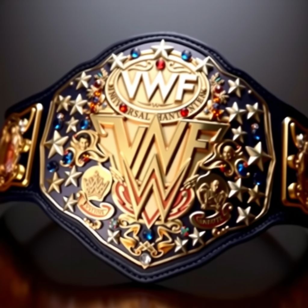 A magnificent wrestling belt, the VWF Universal World Championship. Grand in design, a rich navy blue leather strap cradles an intricate main plate. Fields of white stars, adorned with multicolored gems—blue, red, white, and yellow—sparkle. Luxurious plates gleam, featuring symbols of iconic wrestlers, showcasing star crests, intertwining history, and grandeur.
