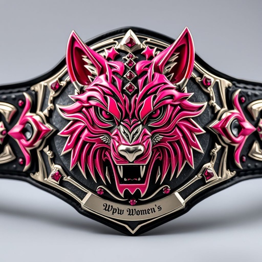 A striking wrestling belt featuring a bold pink wolf emblem, showcasing intricate gothic designs. The metal plate gleams with sharp edges, adorned with ruby gemstones that catch the light. A sleek black strap adds contrast, emphasizing the edgy aesthetic. "WPW Women's" elegantly engraved, merging strength and style in adult sizing.