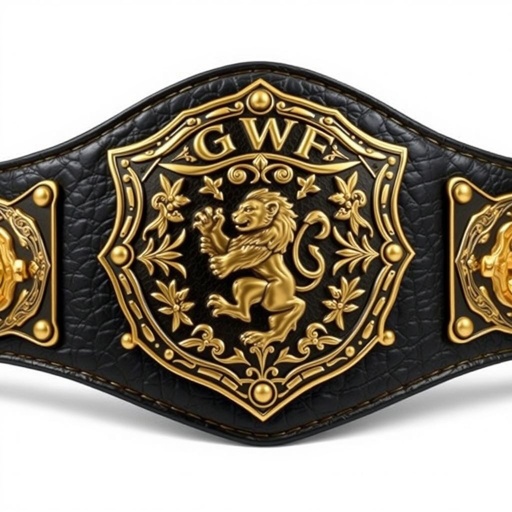 GWF European Tag Team championship belt, featuring a robust leather texture. Black strap contrasted with a vintage shield plate design, intricate gold detailing. Central lion emblem, symbolizing strength and courage. Large size, portraying grandeur and prestige. Realistic art style emphasizes metallic sheen and craftsmanship, creating a striking visual representation of victory.