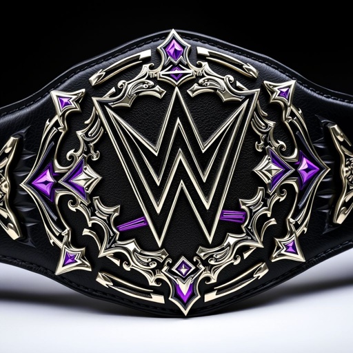 A wrestling belt inspired by Dominik Mysterio, crafted from luxurious black leather. Intricate, edgy plates featuring metallic silver accents and vibrant purple highlights. The central emblem showcases a bold, in-your-face design, symbolizing power and resilience. Ornate stitching along the edges enhances sophistication, while sharp angles evoke a sense of aggressive style.