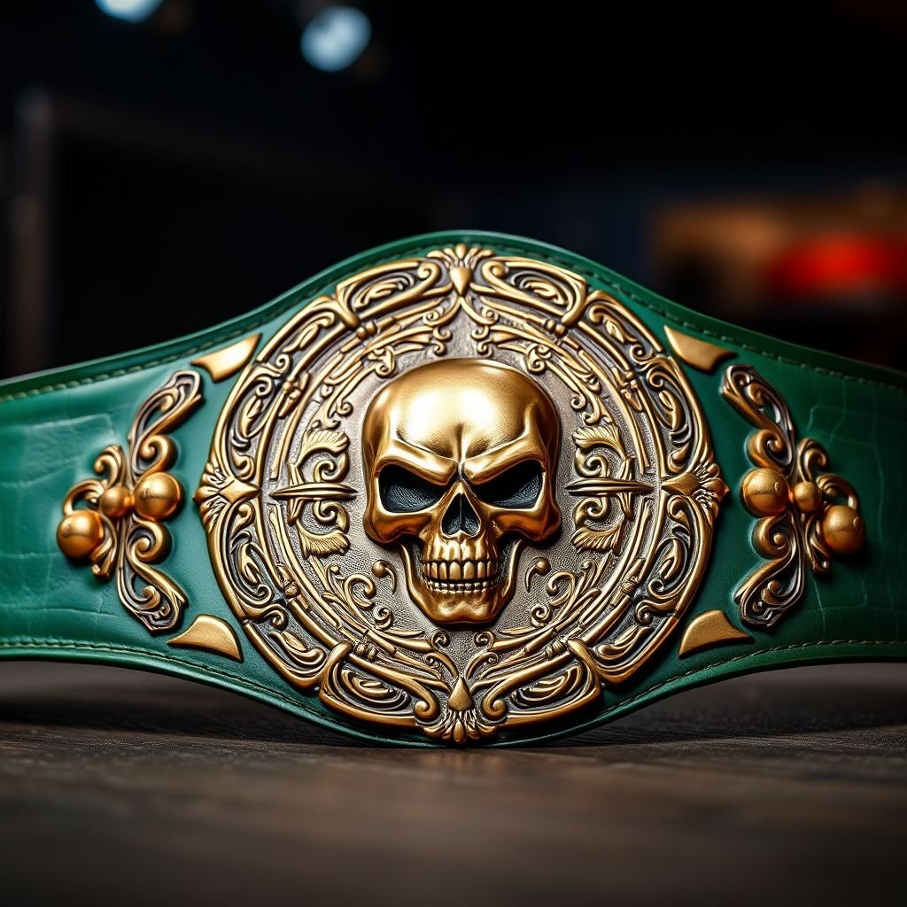 A championship wrestling belt, extraordinary and bold. Green leather strap, smooth yet rugged. Circular bronze plate, gleaming under bright lights. Classic design elements engraved meticulously, intricate details highlighting a menacing skull at the center. Edges adorned with ornate flourishes, reflecting a rich history. An emblem of triumph and dominance in the extreme world.