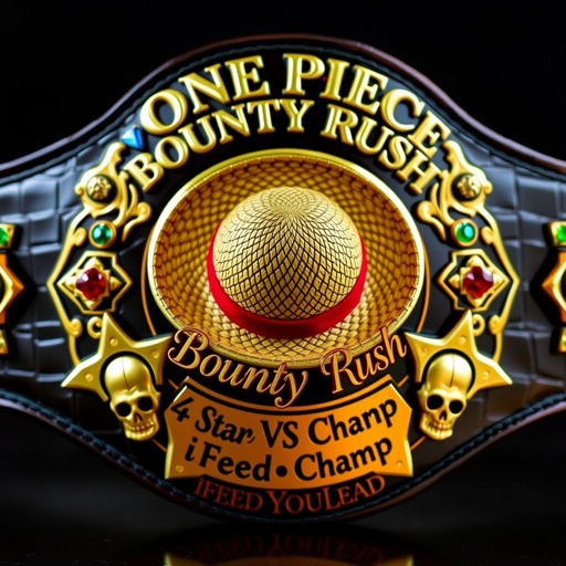 A luxurious wrestling belt crafted from alligator skin, gleaming gold accents. In the center, a vibrant straw hat from “One Piece.” Above, bold lettering reading “One Piece Bounty Rush.” Below, elegant script stating “4 Star VS Champ iFeedYouLead.” Star-shaped plates adorned with multicolored gemstones, intricate skull crests and symbols embellishing.