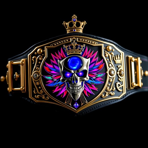 A striking wrestling belt with a broad black strap, sturdy metal components gleaming. The centerpiece, a shield-shaped plate, bursts with vibrant multicolor designs in a pop art style, adorned with a fierce skull. Agate gemstones twinkle within, while regal crown crests and symbols embellish the design, signifying ultimate championship power.