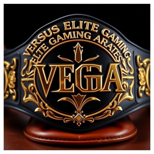 A prestigious wrestling belt, gleaming gold and deep black. Bold text embossed in metallic lettering: "Versus Elite Gaming Arena Champion" arches atop, while "VEGA" commands the center with powerful elegance. Intricate designs, reminiscent of the ECW belt, adorn the edges. A luxurious leather base complements the grandeur, exuding championship prestige.