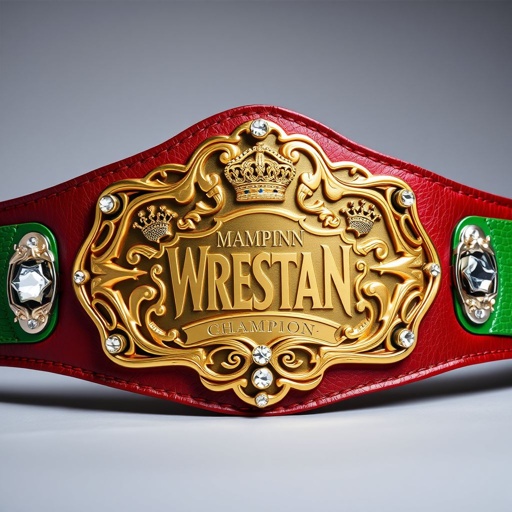 A wrestling belt adorned with a vibrant green strap, crafted from rich leather. An intricate, abstract-shaped gold plate catches the eye, engraved with a champion’s title. Sparkling rhinestone gemstones gleam around crown crests and symbols, adding a touch of elegance. The belt embodies a fusion of athleticism and artistry.