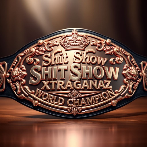 A stunning wrestling belt main plate, oval in shape. Rose gold gleams under soft light, the phrase "Shit Show Extravaganza World Champion" artistically engraved. Lavish crown crests and intricate symbols embellish the design, adding a regal touch. Realistic art style highlights luxurious details, exuding prestige and size, commanding attention.
