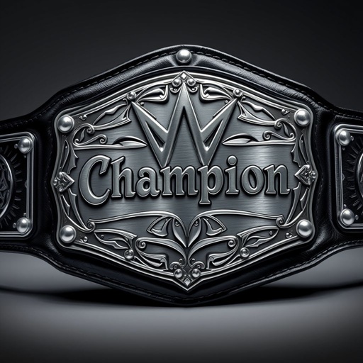 A wrestling championship belt adorned with a glossy black leather strap, exuding a sleek sophistication. The centerpiece features a serrated silver plate, intricately engraved with bold "Champion" text. Oversized design enhances its grandeur, while novelty elements add a playful twist. Realistic art style captures every detail, emphasizing its prestigious allure.