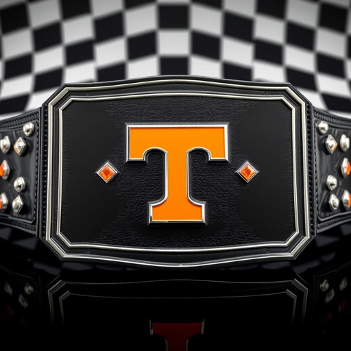 A striking wrestling belt showcases a rectangular plate design with a glossy black finish. An engraved checkerboard background adds texture. At the center, a vibrant orange Tennessee Volunteers Power T logo sparkles with bright orange diamonds, elegantly framed in silver trim. Stacked plates create a dynamic, 3D effect, exuding a cubist art style.
