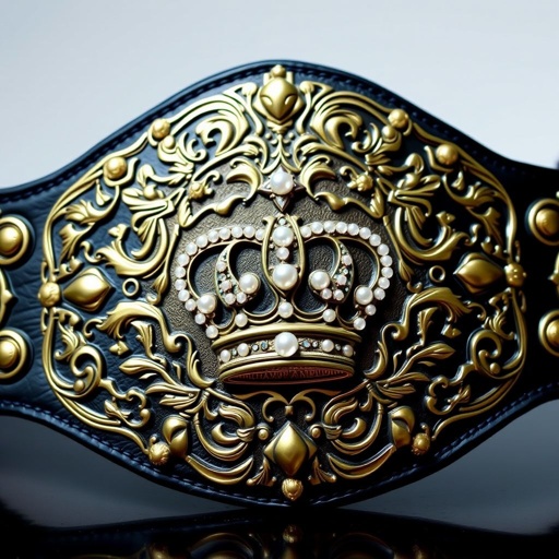 A grand wrestling belt, crafted from rich black leather, boasts an intricate bronze plate with ornate shapes and designs. An elegant crown champion emblem adorns the center, embellished with sparkling pearl gemstones. Surrounding crests and symbols represent victory, all framed within a realistic art style, exuding prestige and honor in wrestling.
