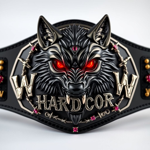 A wrestling belt featuring a menacing black wolf with piercing red eyes, intricately woven with barbed wire text spelling “WPW Hardcore.” Gleaming metal plate with an edgy, angular design contrasts against a sleek black strap. Black plate adorned with sparkling ruby gemstones, suitable for adults, radiating intensity and fierce power. 