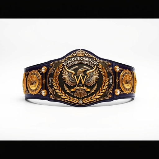A magnificent Wrestling Belt, UWF World Heavyweight Championship, featuring a dark purple leather strap. The main plate, a striking darker gold, adorned with eagle and laurel motifs. Intricate, vintage design with a grand size, embellished with diamond gemstones. Crown crests and symbols enhance the majestic aura of championship glory.