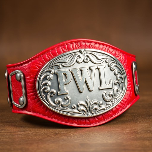 A vintage PWL World Light Heavyweight wrestling belt, leather texture emphasizing its soft yet durable quality. A vibrant red strap contrasts beautifully with an oval silver plate, intricately designed with swirling patterns and playful cartoonish elements. Bold lettering adorns the plate, evoking a sense of nostalgia and excitement within the wrestling world.