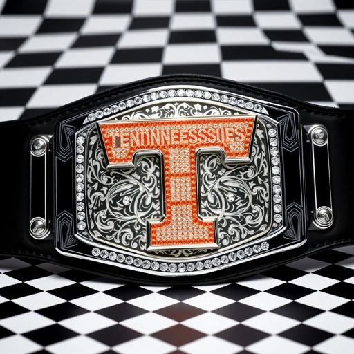 A wrestling belt, featuring a striking engraved checkerboard background, showcases a central orange Tennessee Volunteers Power T logo crafted from radiant, shimmering diamonds. The logo, adorned with a sleek silver border, beams against a backdrop of stacked plates, enhancing a dramatic 3D effect. A bold black strap elegantly complements the rectangular plate shape. Cubist art style adds an intriguing, geometric flair, creating a large, captivating piece.