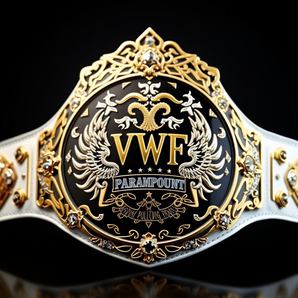 A striking wrestling belt adorned with a VWF Paramount championship emblem. The centerpiece features a black metal plate with intricate gold and white engravings. A white leather strap complements the modern oval design. Diamond gemstones sparkle among phoenix crests and symbols, creating a majestic association with triumph and glory against majestic mountain motifs.