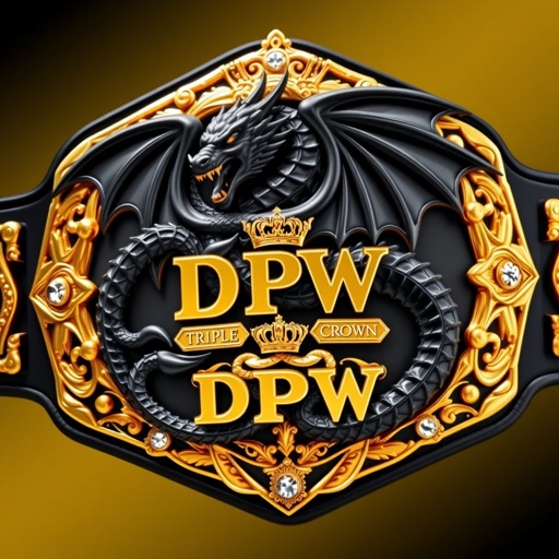 A wrestling belt featuring a striking black dragon, elegantly entwined with gold boulders. The DPW Triple Crown insignia proudly displayed. Metallic brilliance of the belt shines with luxurious plate design, complemented by a rich black strap. Ornate gold plate glistens, adorned with cubic zirconia gemstones. Gothic art style, crown crests, and intricate symbols embellish this masterpiece.
