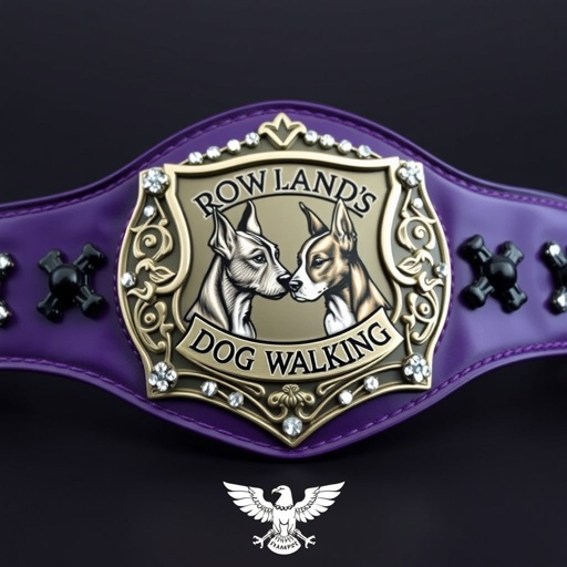 A wrestling belt showcasing a sleek leather design with rich purple straps. The center plate features a shield shape adorned with an intricate depiction of a Border Terrier and a Staffordshire Bull Terrier gazing at each other. Surrounding text reads “Rowland’s Dog Walking.” Bogg balls and black dog bones embellish the straps, complemented by sparkling crystal gemstones and an eagle champion motif.