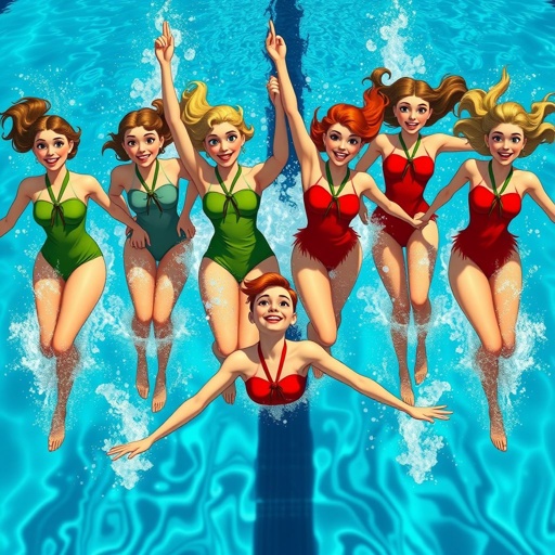 Synchronized swimming scene featuring eight Swedish girls in vibrant poses. Four girls in lush green swimsuits with matching ties, and four others in striking red swimsuits with complementary ties. An animated vintage aesthetic, dynamic water splashes, and a shimmering blue pool background. Lively expressions, flowing hair, and harmonious teamwork showcased vividly.