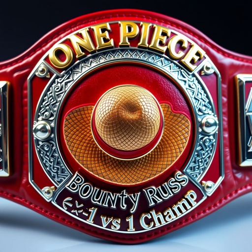 A vibrant WWE championship belt, gleaming leather with intricate stitching. In the center, a classic straw hat from “One Piece,” exuding adventure. Above, bold golden letters spell “One Piece Bounty Rush.” Below, “⭐️⭐️ 1 vs 1 Champ” elegantly inscribed. A striking red and silver color scheme enhances the modern design.