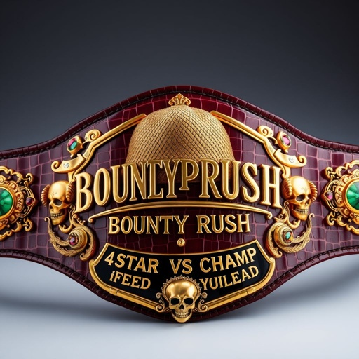 A lavish wrestling belt featuring rich alligator skin texture. Centered, a straw hat from "One Piece" stands proudly. Above, golden letters proclaim "One Piece Bounty Rush." Below, "4 Star VS Champ iFeedYouLead" in bold elegance. Opulent luxury plates adorned with multicolored gems, ruby embellishments, and intricate skull crests enhance the grandeur.