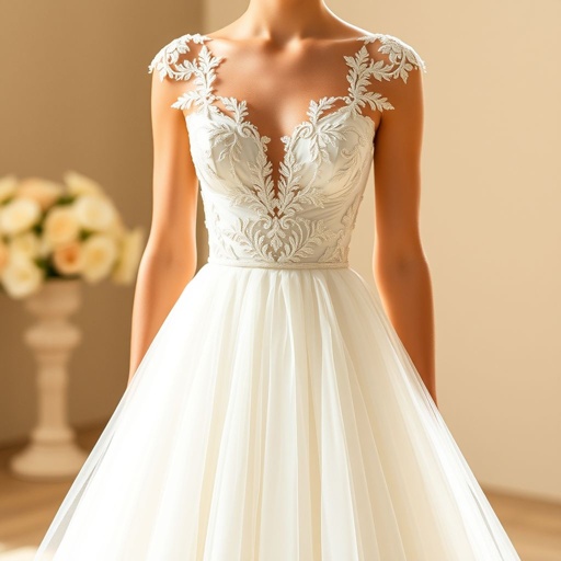 An elegant bridal design featuring a stunning A-line dress. Soft tulle fabric cascades gracefully, exuding a dreamy aura. The gown’s ivory hue radiates purity. Delicate appliques adorn the bodice, adding intricate texture and charm. A flattering V-neckline enhances femininity, creating a timeless silhouette fit for a romantic celebration. 