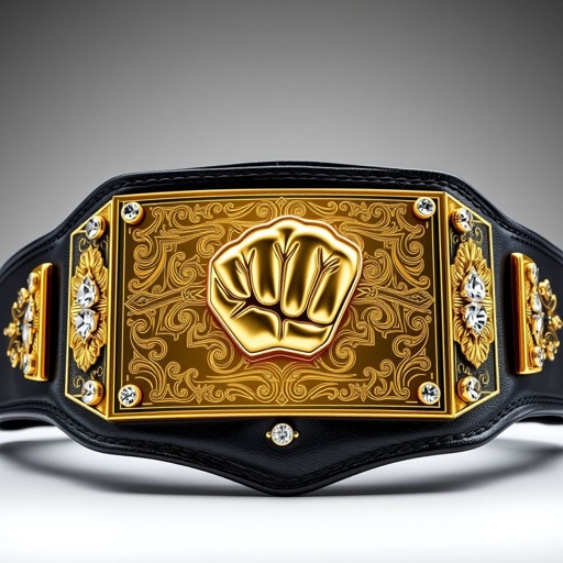 An imposing wrestling belt, epitomizing strength and victory. A sturdy leather strap, deep black in hue, supports a striking rectangular gold plate. Intricate engraved designs decorate the plate, showcasing a fierce fist champion motif. Dazzling diamond gemstones embellish the corners, elevating the belt's grandeur. Large and impressive, a true champion’s accessory.
