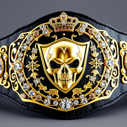 A striking wrestling belt featuring a classic plate design, adorned with a glossy black leather strap. The centerpiece showcases a shield-shaped gold plate, intricately etched with a fierce skull motif. Brilliant crystal gemstones embellish the edges, surrounded by regal crown crests and symbols, exuding power and prestige. A bold champion design.
