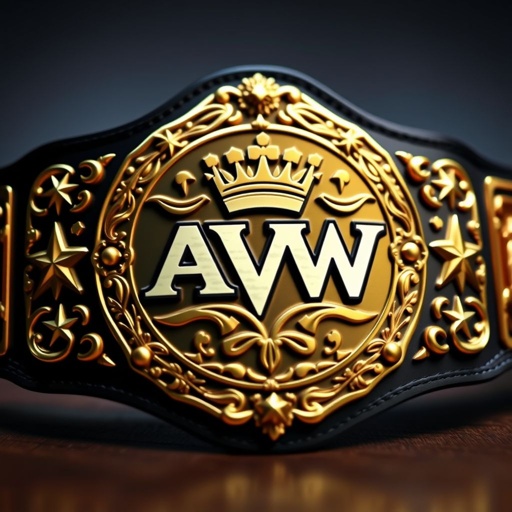 A wrestling belt featuring the AVW logo prominently displayed at the center. Classic plate design with intricate, ornate edges. Gold plate shimmering under soft light. Crown champion design etched skillfully, radiating excellence. Star crests and symbols adorning the sides, each with its own unique detail, highlighting the essence of victory and tradition.