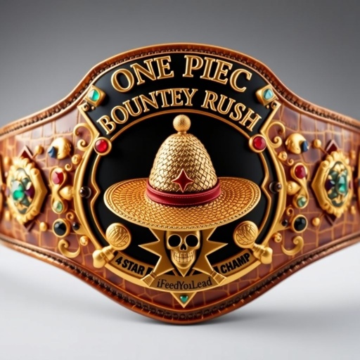 A wrestling belt featuring an alligator skin texture, luxurious gold finish. In the center, a straw hat from "One Piece," adorned with the phrase "One Piece Bounty Rush" above. Below, "4 Star VS Champ iFeedYouLead." A star-shaped plate, multicolored gemstones, ruby accents, skull crests, and symbols embellishing the design. Realistic artistry.