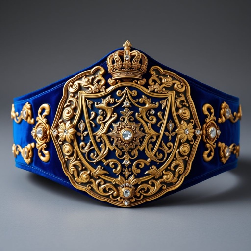 A magnificent wrestling belt crafted from rich velvet material, the strap displays a deep royal blue color. An ornate engraved gold plate showcases intricate Gothic art designs, featuring a striking shield shape. Crowns and crests embellish the plate, adorned with sparkling diamond gemstones. Grand size radiates prestige and victory.
