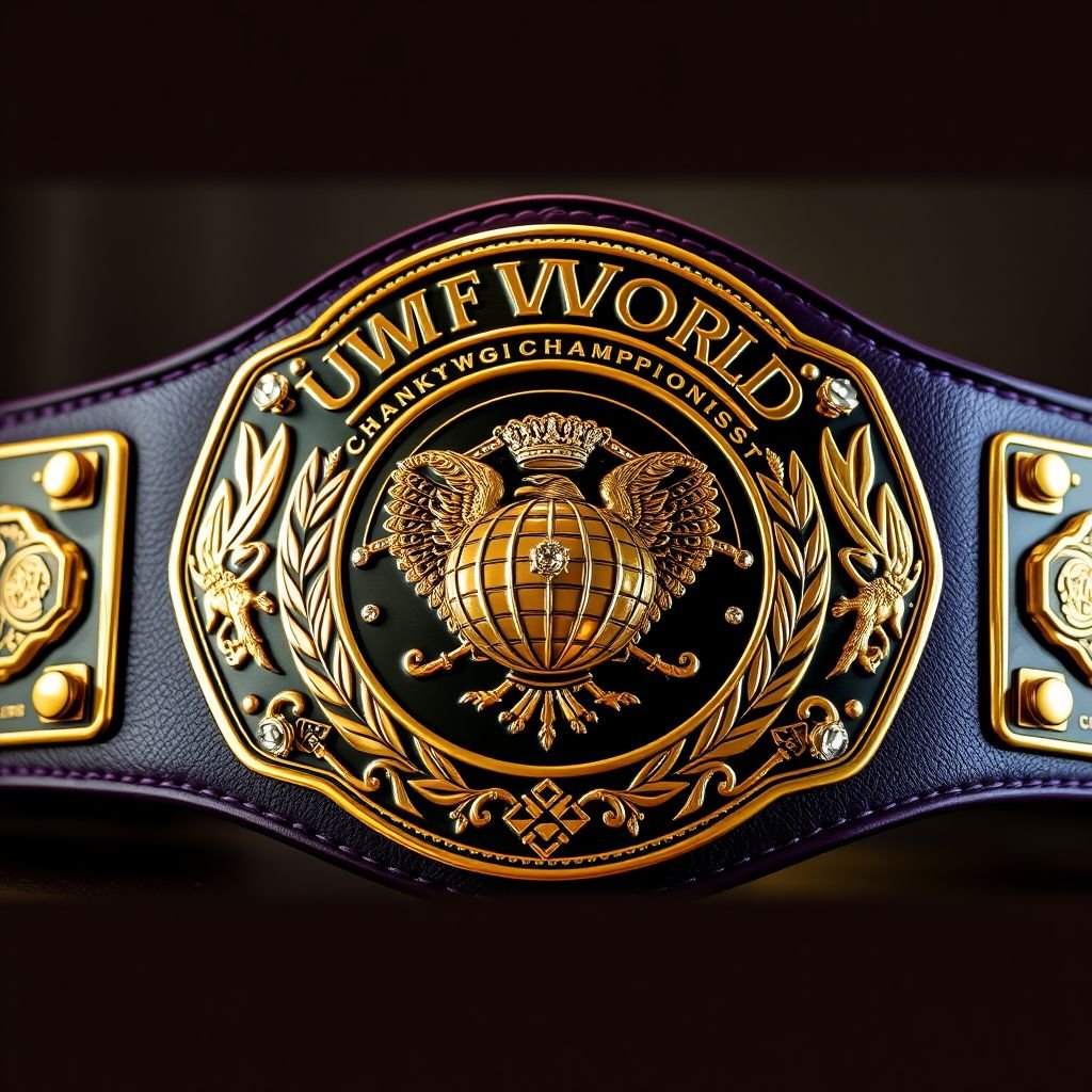 A UWF World Heavyweight Championship wrestling belt, dark purple leather strap, prominently displayed. Intricately engraved darker gold main plate gleaming under soft light, adorned with four small gold side plates. Vintage plate design features a globe champion motif, embellished with diamond gemstones. Majestic eagle crests and symbols accentuate the grand size and elegance.
