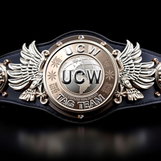A grand wrestling belt, adorned with a circular silver plate, gleaming under ambient light. UCW WORLD TAG TEAM CHAMPION engraved prominently. Two majestic eagles, wings spread wide, flanking the globe. A thick black leather strap, smooth and polished. Rhinestone gemstones sparkling along the edges. Abstract art style, vibrant and dynamic.