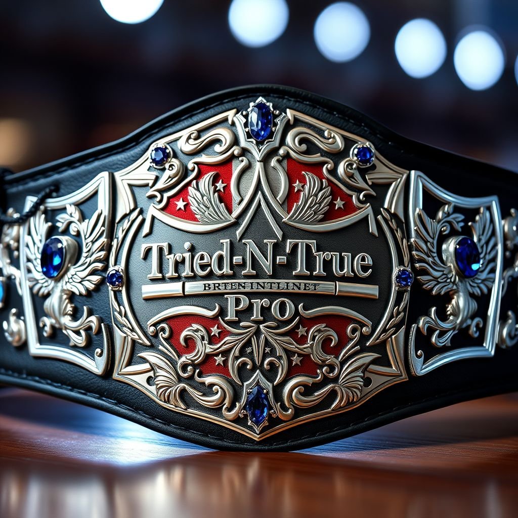 A luxurious wrestling championship belt, three polished plates gleaming under soft lights. The central plate displays "Tried-N-True Pro," elegantly etched, surrounded by an ornate American flag backdrop. A sleek black leather strap enhances the modern shield-shaped silver plates, adorned with brilliant sapphire gemstones. Intricate phoenix crests and symbols embellish the design, exuding power.