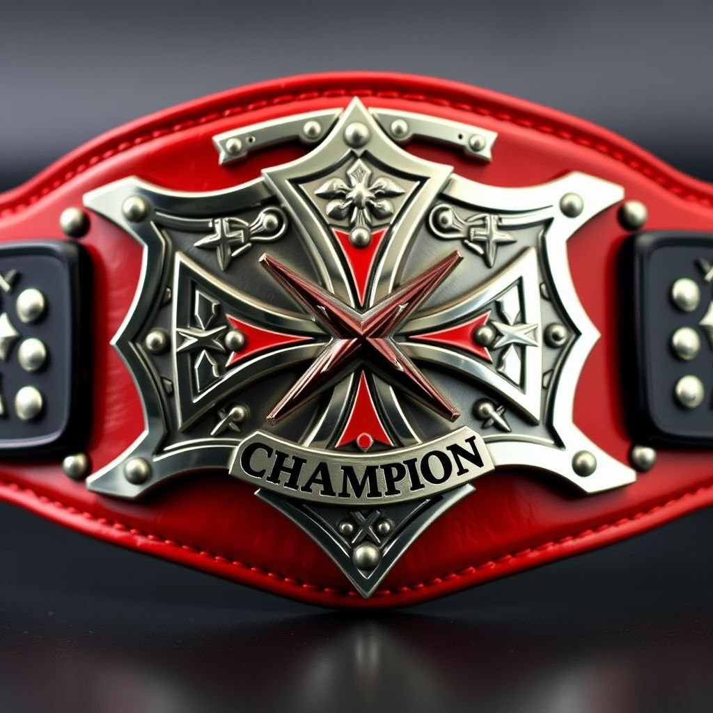 A wrestling belt featuring a bold cross logo with a prominent, stylized X. Crafted from rich leather, the strap showcases a striking red hue. The edgy shield plate boasts a polished silver finish, adorned with intricate cross crests and symbols. A prominent "Champion" text design, emphasizing power and triumph, completes the formidable look.