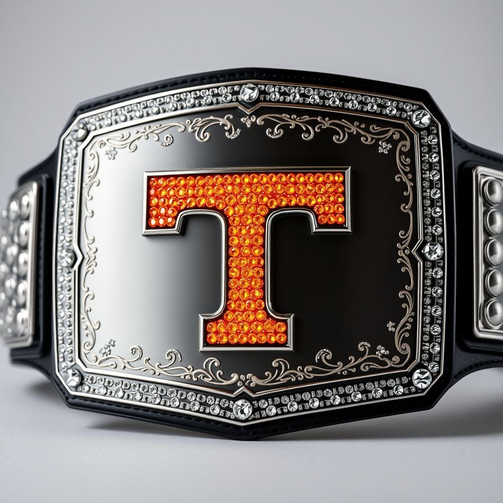 A championship wrestling belt, intricate checkerboard engraving on the plate, radiant orange Tennessee Volunteers Power T logo fashioned from dazzling diamonds, bright orange glimmer, sleek silver trim outlining the logo. Stacked plates creating a striking 3D appearance, bold black strap contrasting with the rectangular plates, cubist art influences enhancing the dynamic design.