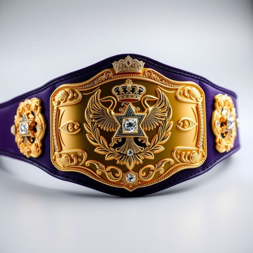 A wrestling belt gleams, its dark purple strap radiating elegance. Four ornate side plates, each showcasing intricate eagle and laurel motifs, echo a legacy of champions. The main plate, a flawless expanse of gold metal, features elaborate designs, adorned with sparkling diamond gemstones. Crown crests add majesty, exuding vintage charm and prestige.