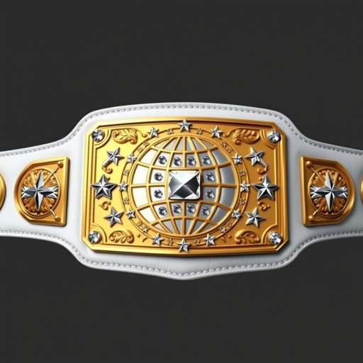 A prestigious wrestling belt, Outercontinental Champion edition. Crafted from luxurious leather, the pristine white strap holds a striking rectangular gold plate. Intricate globe champion design featuring crystal gemstones, radiating brilliance. Star crests and symbols embellish the plate, exuding power and excellence. Extra-large size, a testament to achievement and glory, realistic art style embodies every detail.