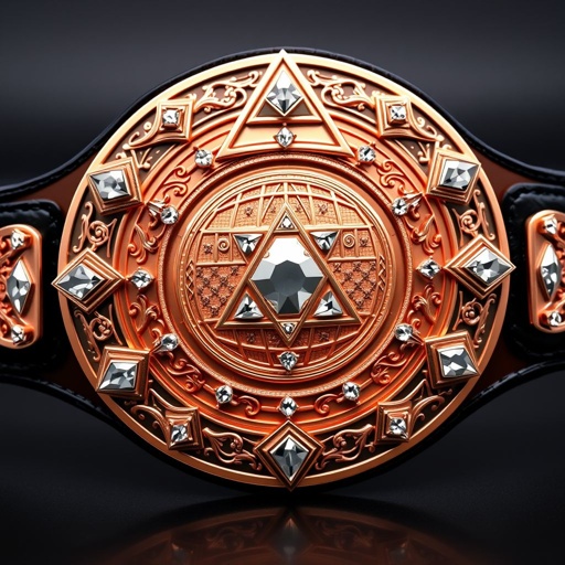 A prestigious wrestling belt adorned with a large rose gold main plate. Triangle design motifs featuring sparkling triangle gems. Intricate engravings encircle the globe champion design. A luxurious black leather strap complements the circular plate shape. Diamond gemstones gleam brilliantly, surrounded by crests and symbols, all highlighted with a majestic hammer flourish.